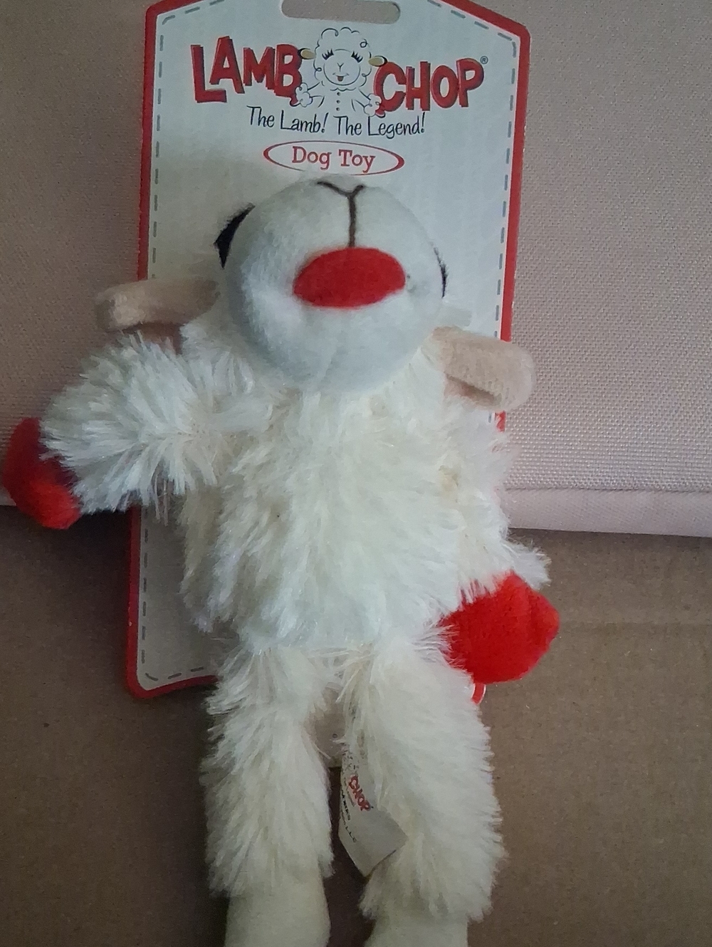 Lamb Chop Plush Dog Toy - White with Red Accents